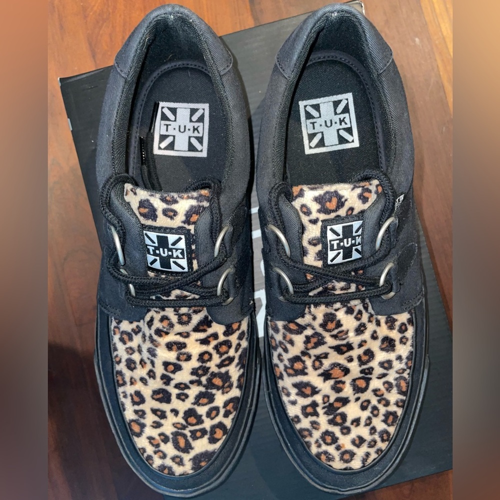 TUK Vegan Black and Leopard Creeper Sneakers.